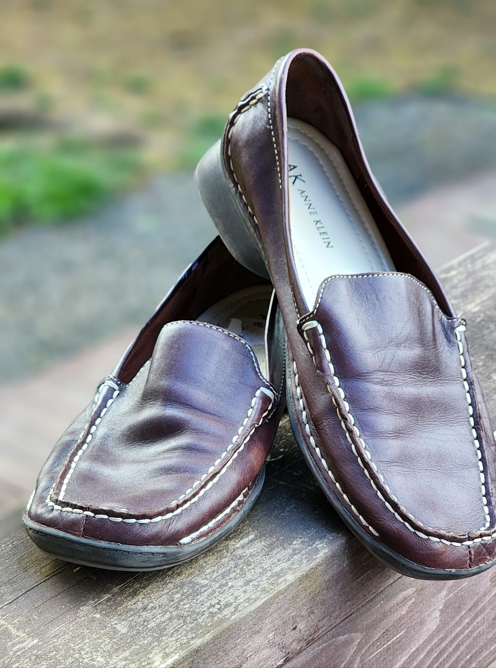 Anne Klein Women's Dark Brown Leather Slip-On Loafers with Contrast Stitching